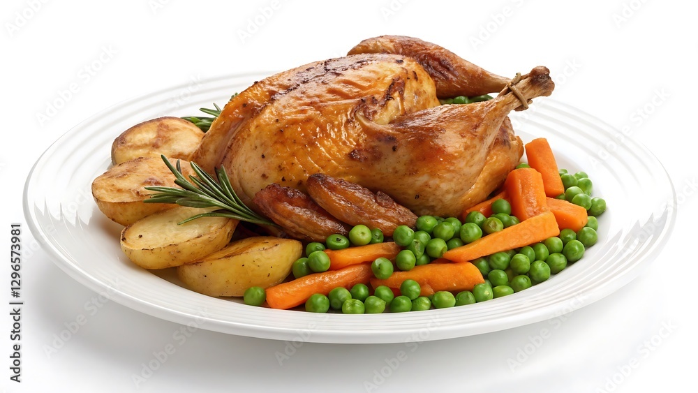 a white circular plate of a traditional roast chicken with roast potatoes, roast carrots, peas realistic food photography, isolated on white background a white circular plate of a traditional roast chicken with roast potatoes, roast carrots, peas realistic food photography, isolated on white background
