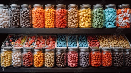 Wallpaper Mural Colorful candy jars, shop shelf, sweets display, background blurred Torontodigital.ca