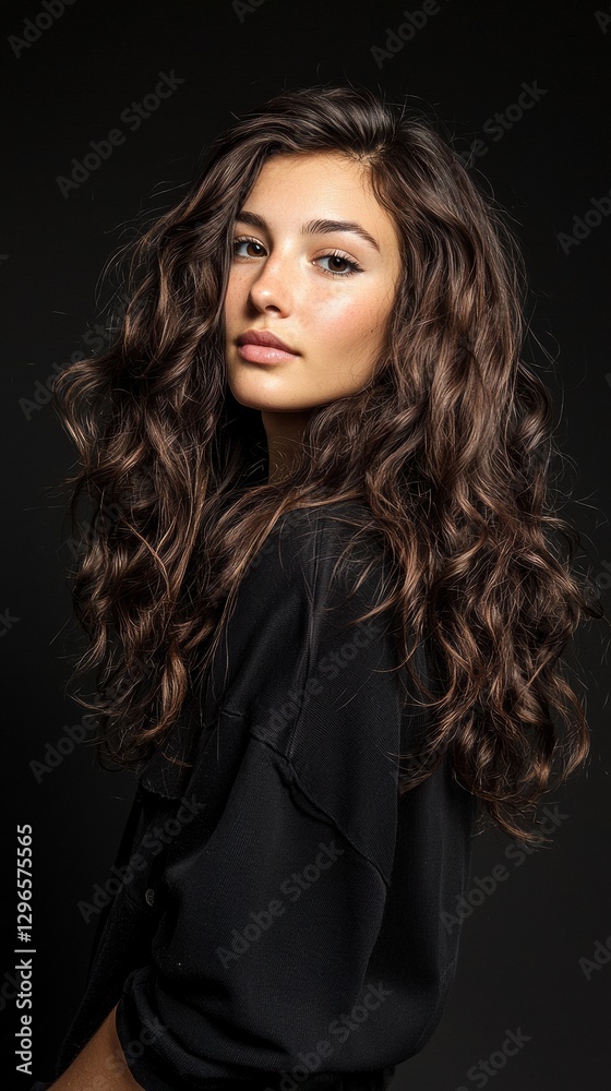 Fototapeta premium A woman with long brown hair is standing in front of a black background