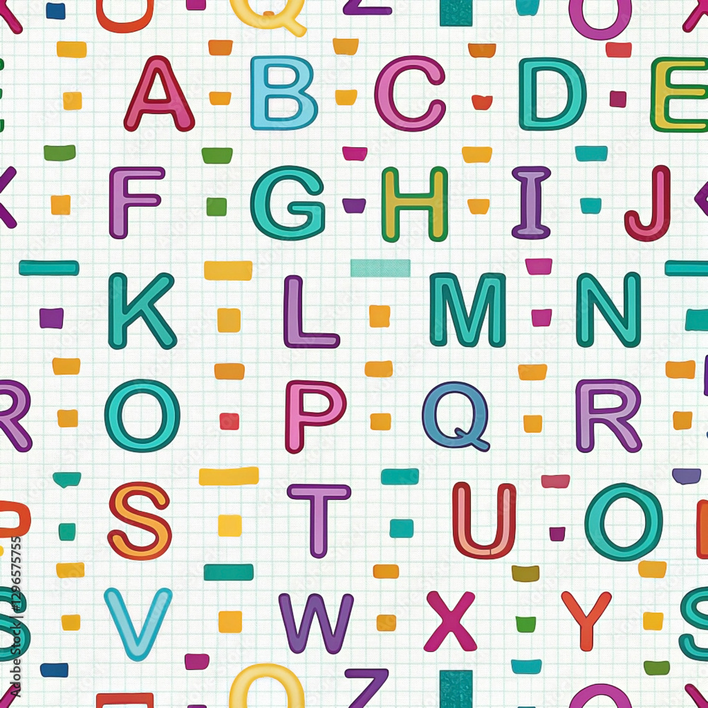 Colorful alphabet letters on grid background seamless pattern. Colorful alphabet letters on grid background seamless pattern.