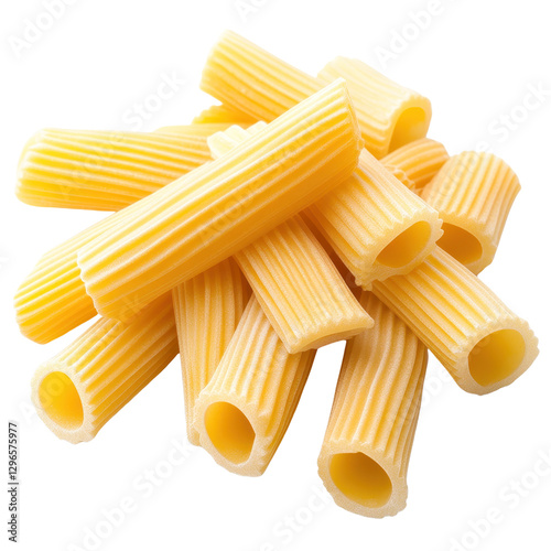 Pasta assortment, uncooked tubular pasta pieces stacked together, ideal for Italian dishes or culinary presentations. Isolated on white background or PNG photo