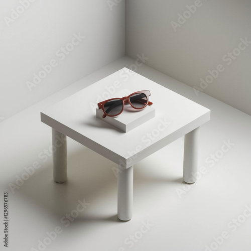 A pair of red sunglasses on a white table. minimalist design