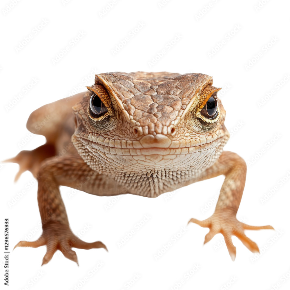 Fototapeta premium Colorful reptile perched, close-up of a bearded dragon displaying intricate scales and vibrant colors, highlighting its unique features. Isolated on white background or PNG
