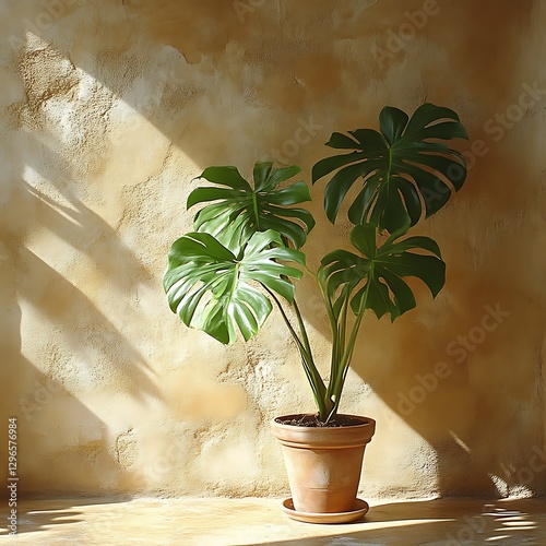 Sunlit Monstera plant in terracotta pot on textured wall photo