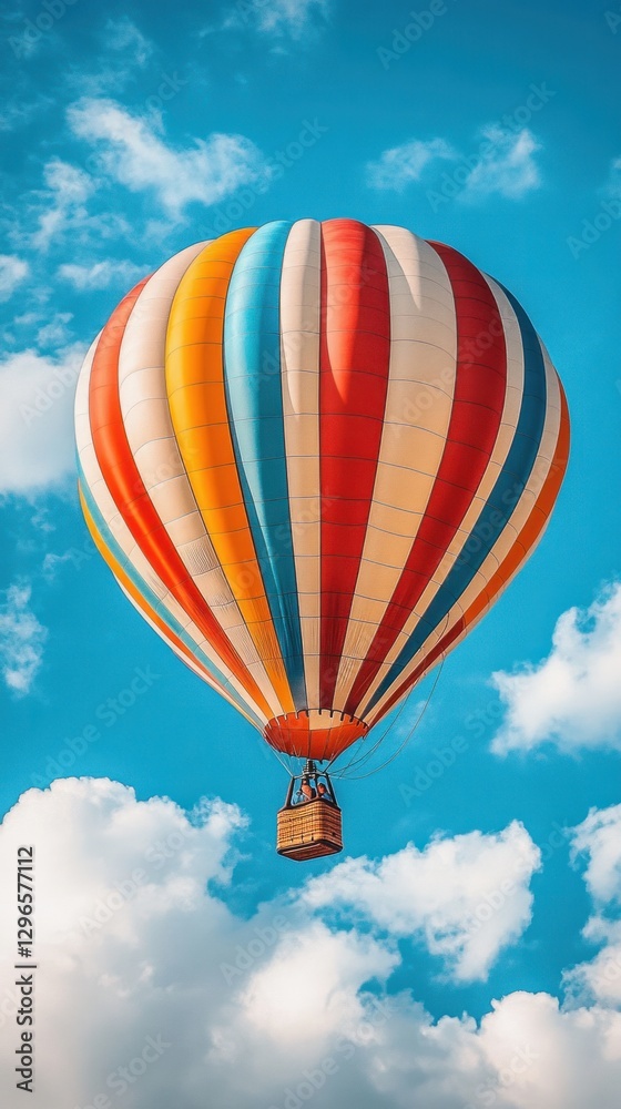 Fototapeta premium Colorful hot air balloon soaring, sunny sky, travel poster