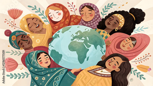 An illustration of women from different cultures and backgrounds, each wearing traditional attire, forming a circle around the Earth.