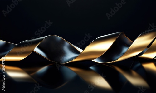 Luxurious metallic ribbon in flowing gold and black tones, curving elegantly against a dark reflective surface