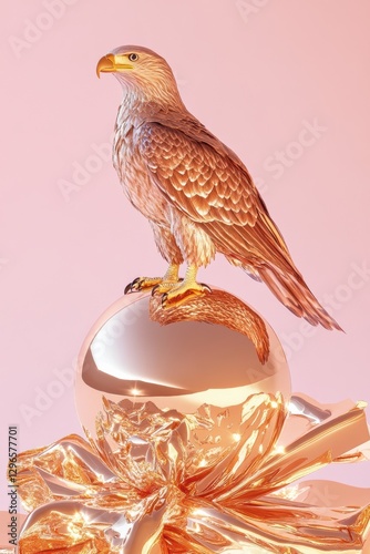 A golden eagle sculpture standing on a luxurious, reflective surface against a soft pink background. photo