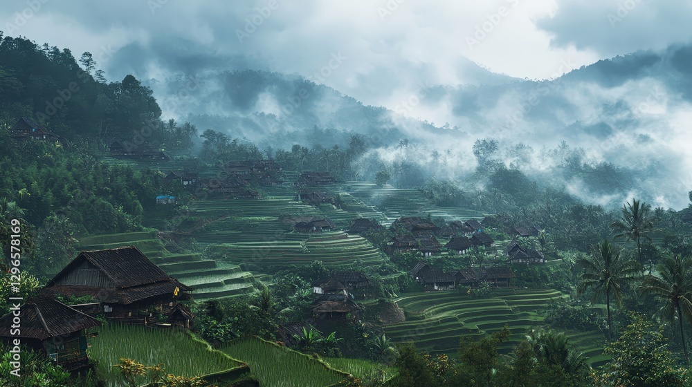 Obraz premium Rice Terrace Valley: Capture the serene beauty of a rice terrace valley, with a misty atmosphere, showcasing nature's artistry in terraces and the rustic charm of traditional structures.