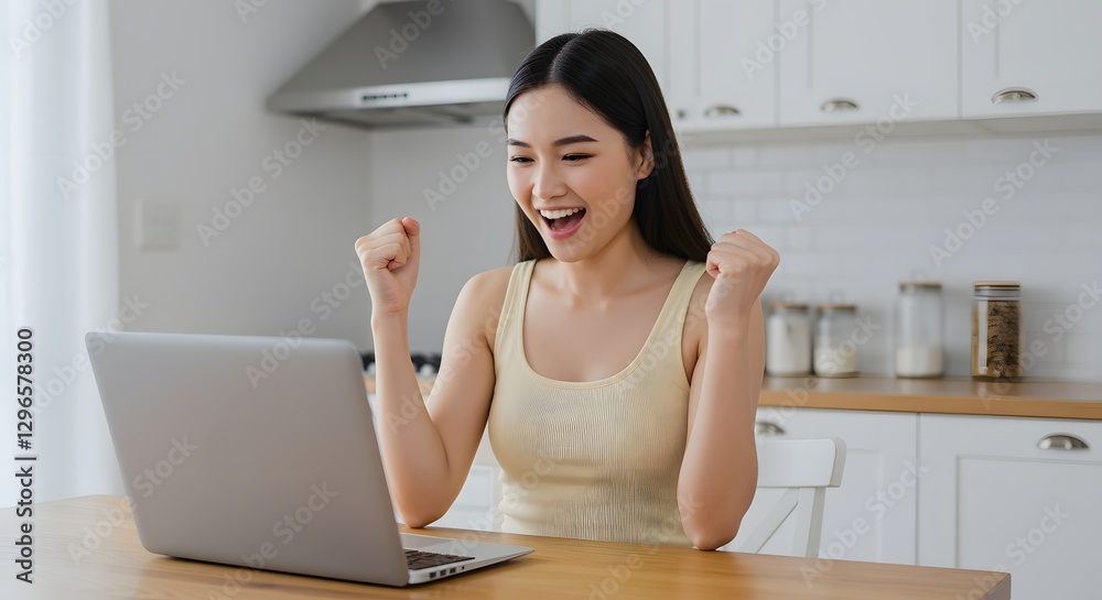 Excited Young Woman Celebrates Success While Using Laptop in a Modern Kitchen Excited Young Woman Celebrates Success While Using Laptop in a Modern Kitchen