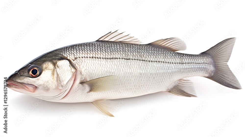 One raw fresh sea bass isolated on white background. AI generated image One raw fresh sea bass isolated on white background. AI generated image