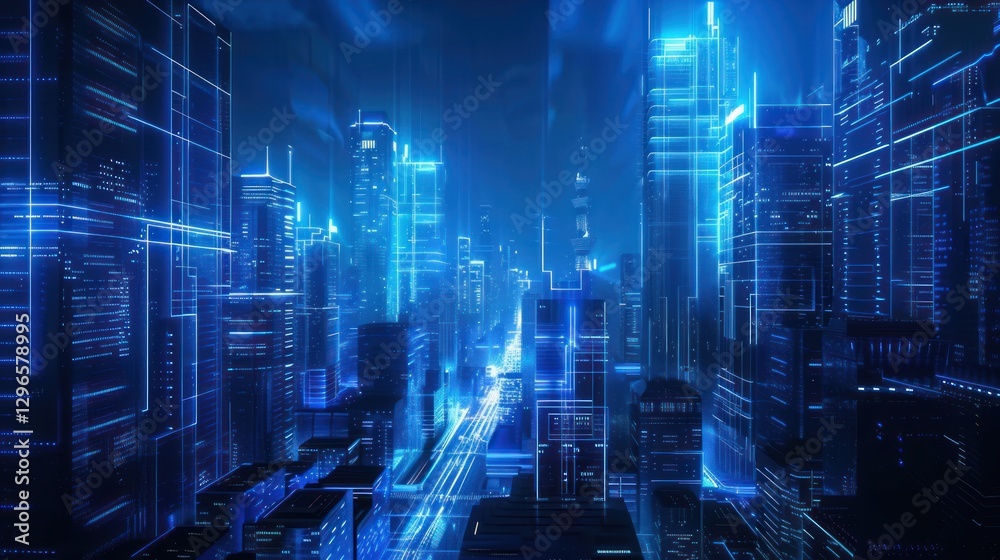Obraz premium Digital Cityscape: Neon Blue Skyscrapers