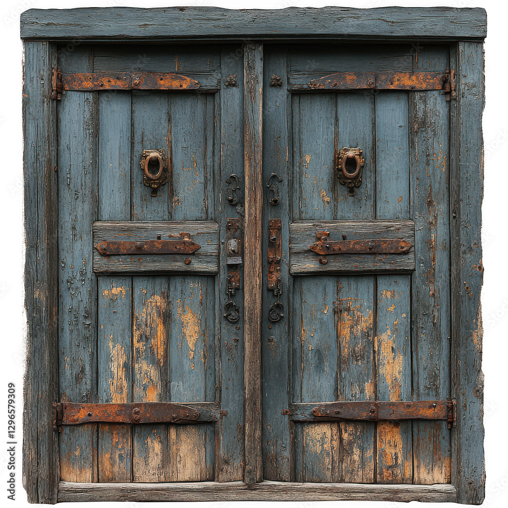A double wooden door with rusted handles isolated on white background.PNG A double wooden door with rusted handles isolated on white background.PNG