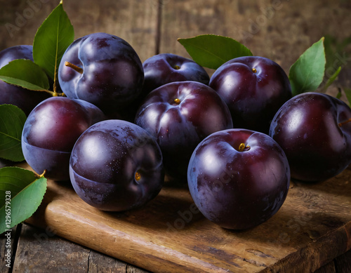 Ripe Black Plums Arranged on Rustic Wooden Surface
