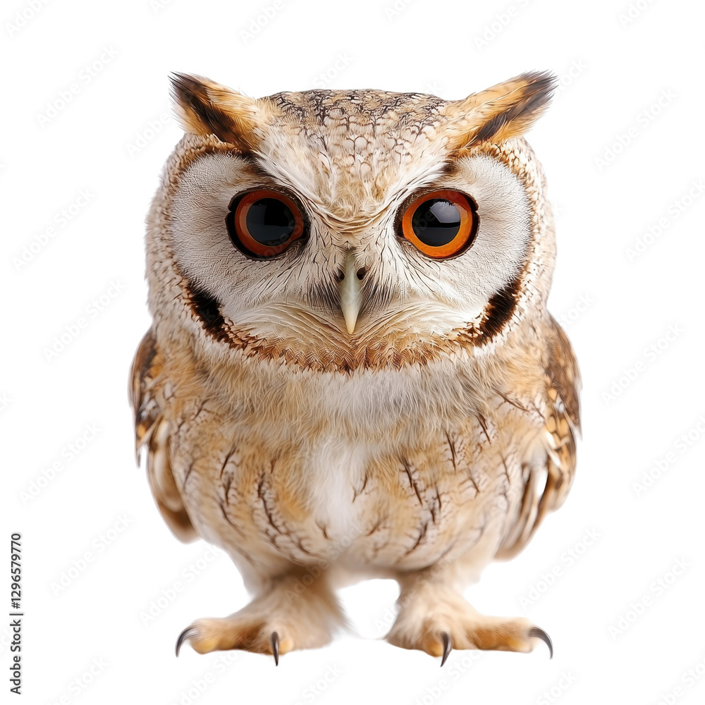 Obraz premium Cute owl standing upright, small bird with soft feathers and big eyes, symbol of wisdom and nature, ideal for educational materials. Isolated on white background or PNG