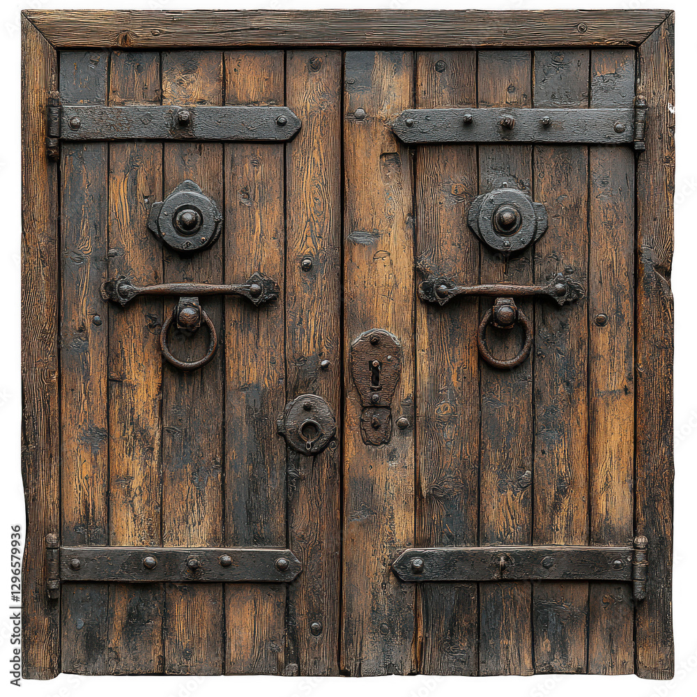 A double wooden door with rusted handles isolated on white background.PNG A double wooden door with rusted handles isolated on white background.PNG