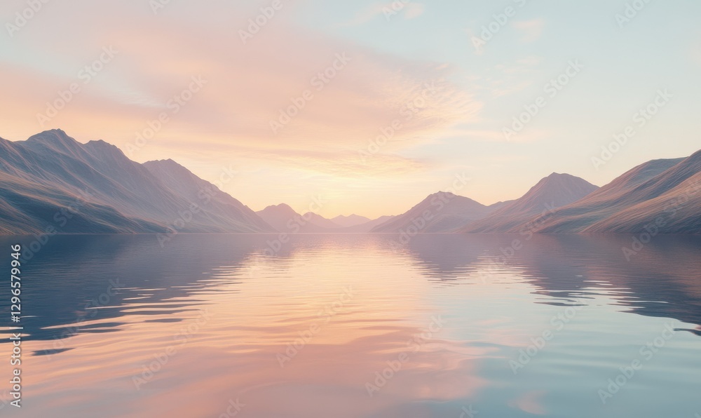 Obraz premium Scenic view of a calm lake surrounded by mountains at dawn, soft pink and orange hues reflecting off the water, evoking serenity and tranquility,