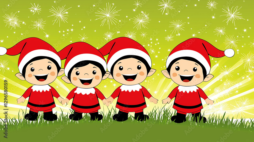 Cheerful Christmas Elves in a Festive Setting Cheerful Christmas Elves in a Festive Setting