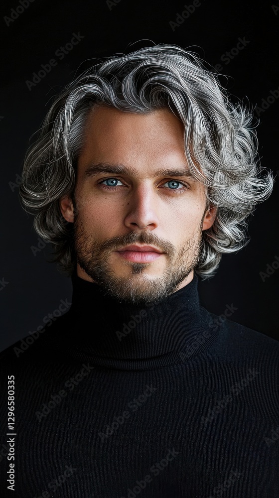 Fototapeta premium A man with a gray haired mane and a beard is wearing a black shirt