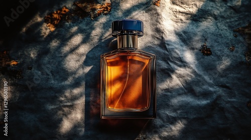 Amber perfume bottle on textured surface, sunlight