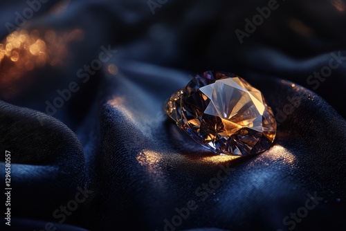 A sparkling diamond resting on luxurious dark blue velvet fabric with soft glowing light. photo