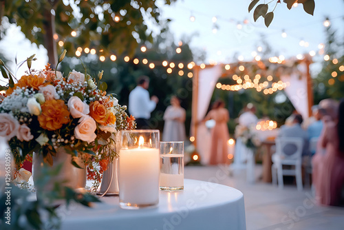 Outdoor evening wedding reception with elegant decorations and string lights