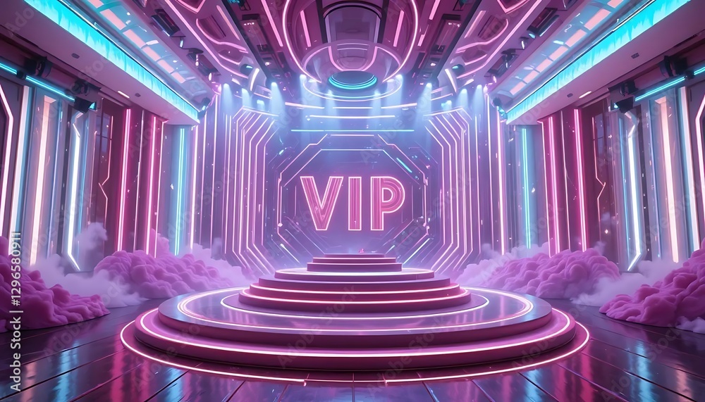 Obraz premium Futuristic Stage Design with Illuminated VIP Sign and Neon Lights for Exclusive Events and Parties