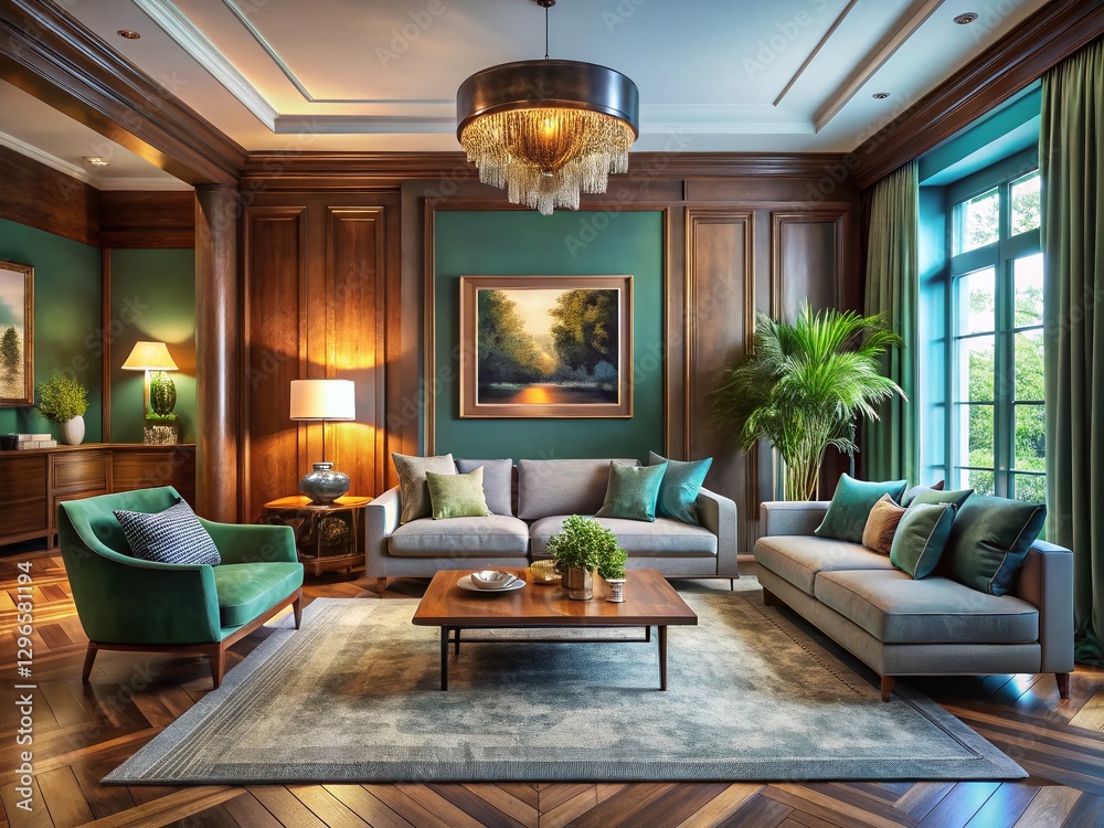 Fototapeta premium Luxurious Villa Living Room: Modern Furniture, Wooden Skirting, Muted Palette
