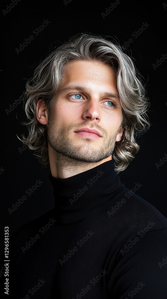 Obraz premium A man with a long gray hair and a blue eye is wearing a black shirt