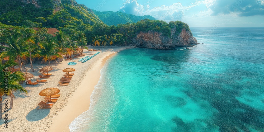 Fototapeta premium realistic photograph bird eye view high angle of the beach which have sand beach, coast , chair and umbrella with coconut tree