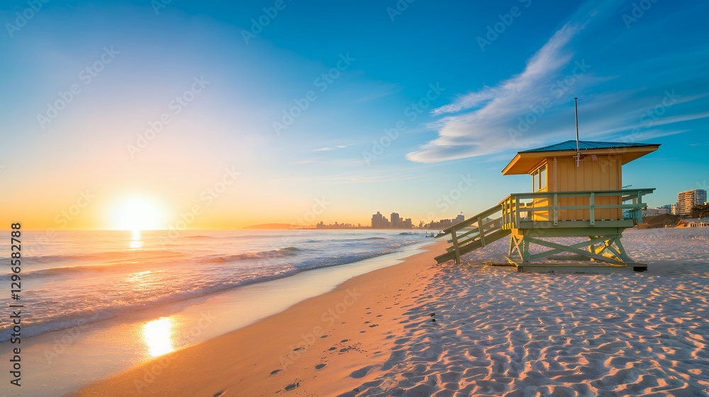 Obraz premium Golden Sunrise Over a Serene Beach with Lifeguard Hut