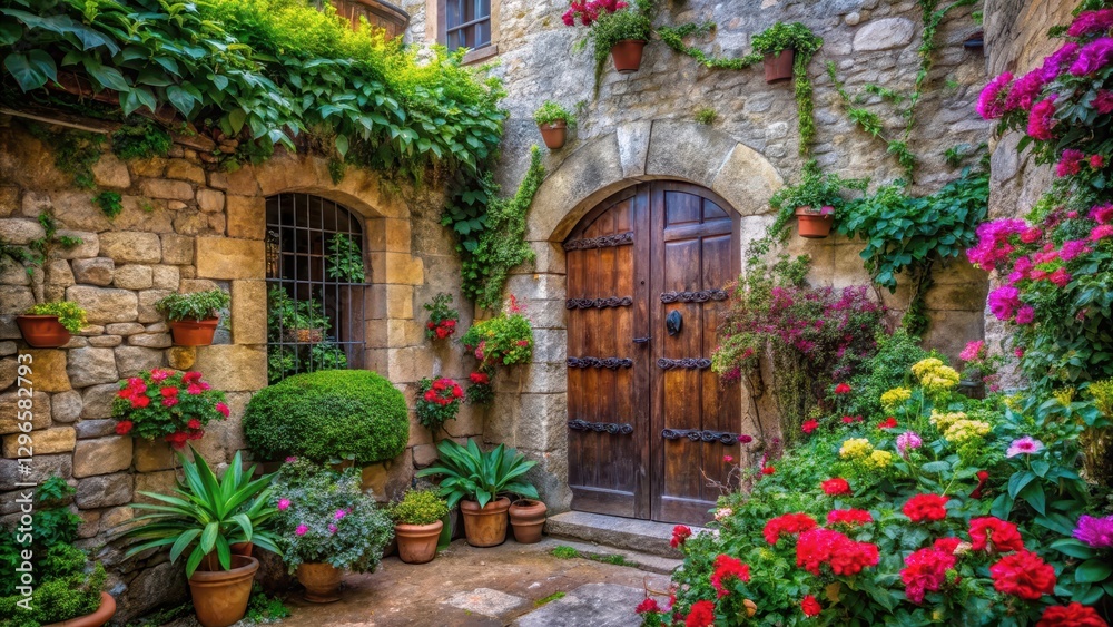 Ancient stone walls surrounded by lush greenery and vibrant flowers in a rustic old courtyard with worn wooden doors and ornate ironwork, rustic, old-world Ancient stone walls surrounded by lush greenery and vibrant flowers in a rustic old courtyard with worn wooden doors and ornate ironwork, rustic, old-world