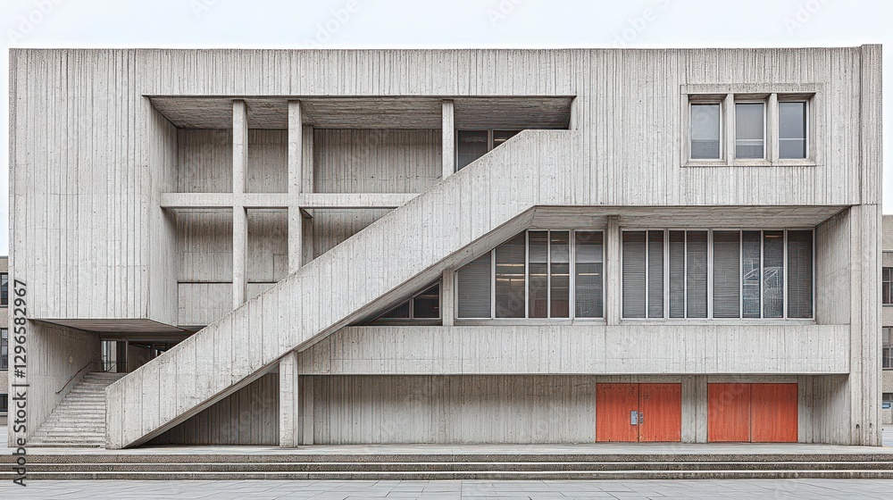 Fototapeta premium Concrete school exterior, stairs, city, overcast