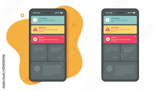 Notifications ui interface push window messages for mobile cell phone app vector graphic, ux reminder pop up notices element on smartphone cellphone, info warning caution error alerts screen layout