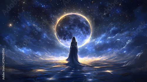 A mystical interpretation of a lunar eclipse with the moon depicted as a powerful goddess, surrounded by stars and ethereal light. Ethereal Star Goddess. Illustration