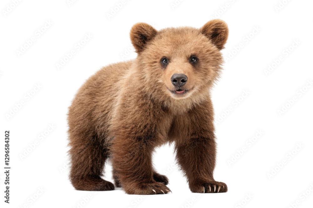 Fototapeta premium Cute brown bear cub looking playfully at the viewer in a natural setting showcasing youthful energy and curiosity, cut out