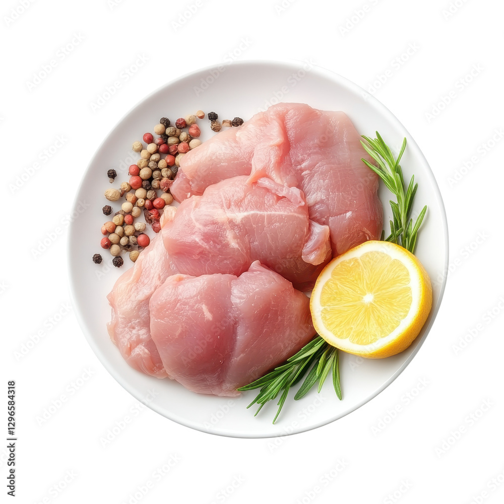 Raw chicken breast on a plate, fresh and ready for cooking, surrounded by herbs and a lemon wedge for flavor enhancement. Isolated on white background or PNG Raw chicken breast on a plate, fresh and ready for cooking, surrounded by herbs and a lemon wedge for flavor enhancement. Isolated on white background or PNG