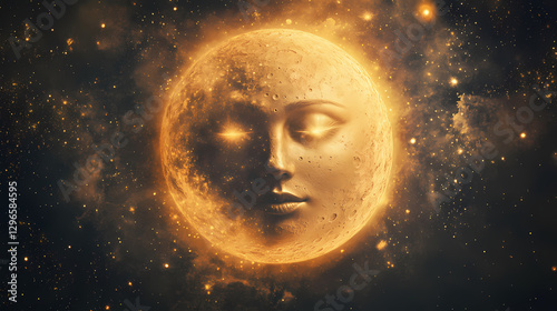 A mystical interpretation of a lunar eclipse with the moon depicted as a powerful goddess, surrounded by stars and ethereal light. etherean. illustration. Ethereal Star Goddess. Illustration