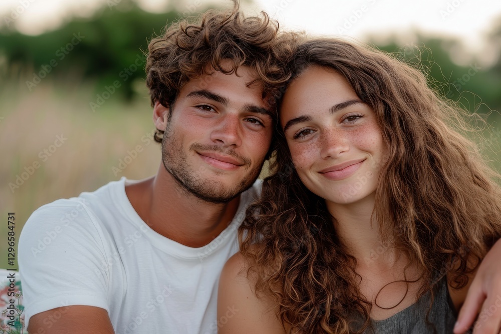 A joyful couple relaxing together in a natural outdoor setting, capturing a moment of love, companionship, and warmth in a beautiful landscape. A joyful couple relaxing together in a natural outdoor setting, capturing a moment of love, companionship, and warmth in a beautiful landscape.
