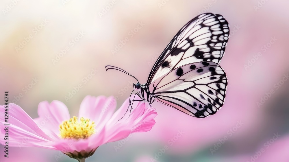 Naklejka premium Close-up of a delicate butterfly perched on a vibrant flower under soft sunlight, capturing the essence of nature, tranquility, and the beauty of wildlife in a serene garden setting