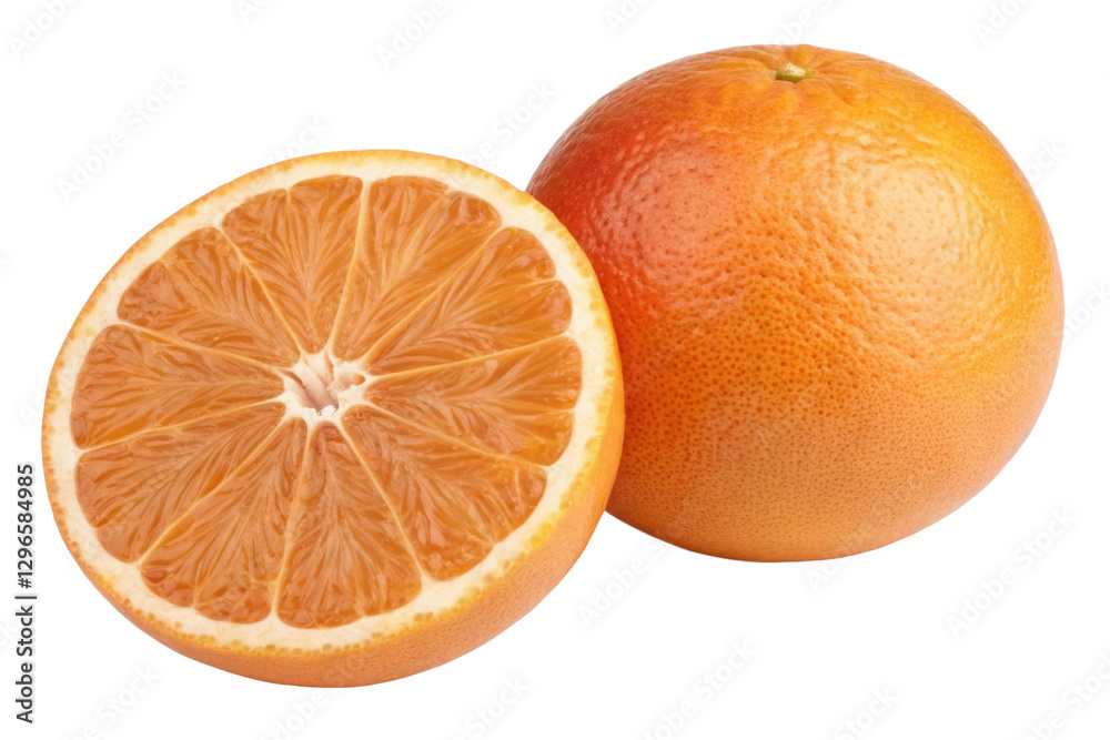 Fresh orange fruit with sliced half showing juicy segments and vibrant color, ideal for health and culinary purposes, cut out Fresh orange fruit with sliced half showing juicy segments and vibrant color, ideal for health and culinary purposes, cut out