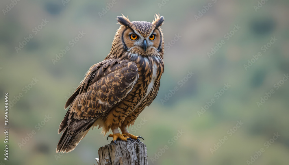 Obraz premium Owl perched on a tree stump with a distant, majestic look