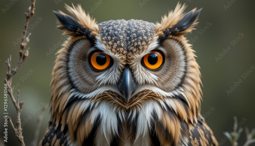 Close-up of an owl showcasing detailed feathers and intense orange eyes Close-up of an owl showcasing detailed feathers and intense orange eyes