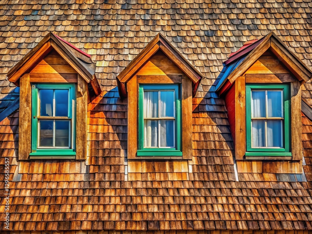Macro Close-up of Four Dormer Windows on a Rustic Wood and Shingle Roof Macro Close-up of Four Dormer Windows on a Rustic Wood and Shingle Roof