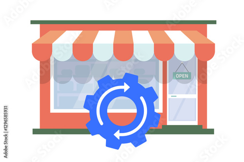 Shop store business sales process strategy automation modernization vector modern graphic, ecommerce market operation work development setting, retail trade commerce workflow system upgrade service