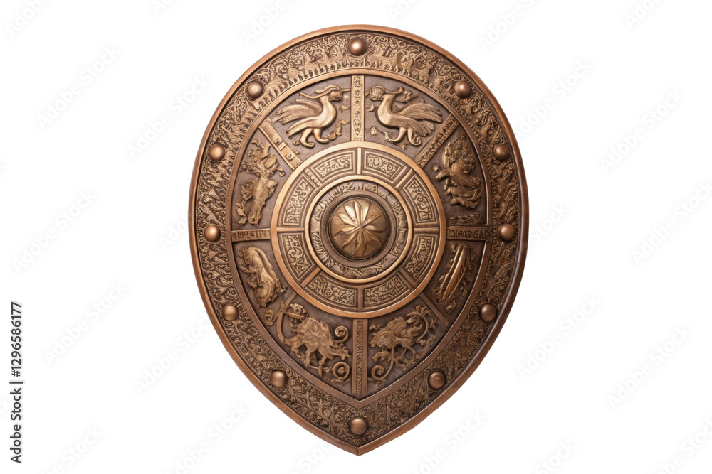Decorative shield design featuring intricate engravings and mythical creatures for thematic display or historical appreciation, cut out Decorative shield design featuring intricate engravings and mythical creatures for thematic display or historical appreciation, cut out