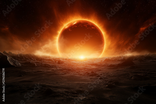 stunning alien landscape featuring large glowing planet and fiery sun on horizon, surrounded by rocky terrain and starry sky