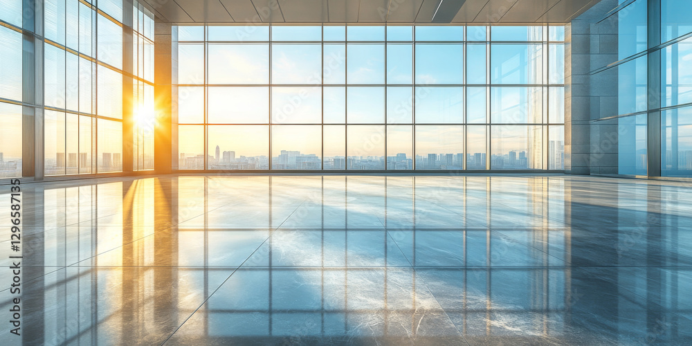 Obraz premium Modern corporate office with panoramic glass windows, empty workspace in skyscraper with city view, luxurious business center interior with sunlight reflections and contemporary architecture