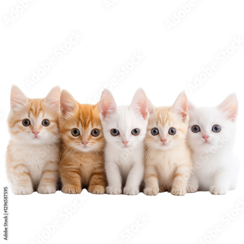 Five adorable kittens lined up, fluffy orange and white fur, playful expressions, perfect for pet-themed designs or marketing. Isolated on white background or PNG
