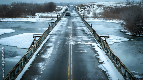 where vehicles are paused mid-crossing, with the river below frozen as if time has ceased to exist 